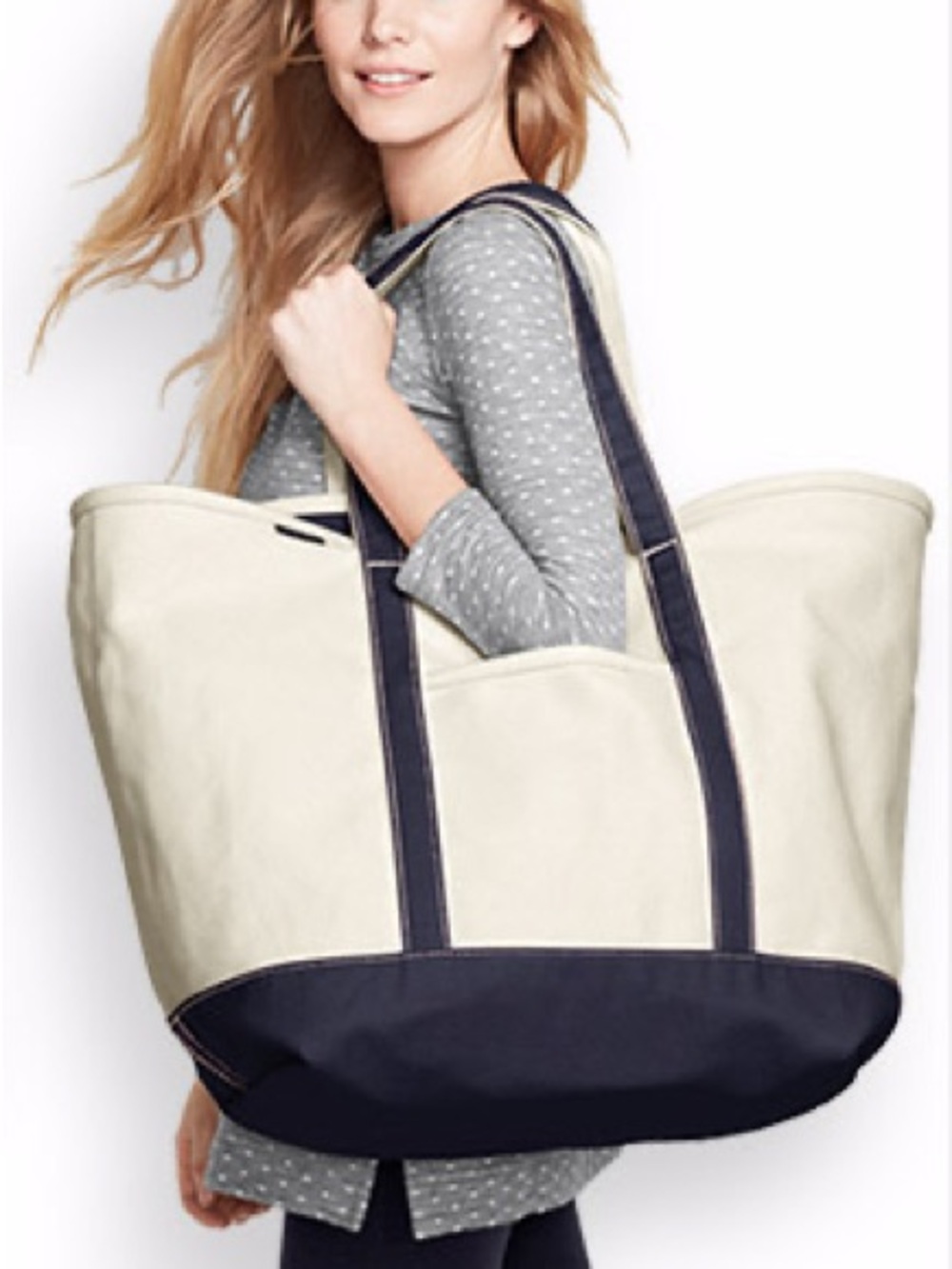 Lands End Extra Large 6 Pocket Top  Zipper Canvas Beach Tote Bag Navy Trim